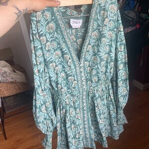 OMIKA Teal Floral V-Neck Long Sleeve Dress